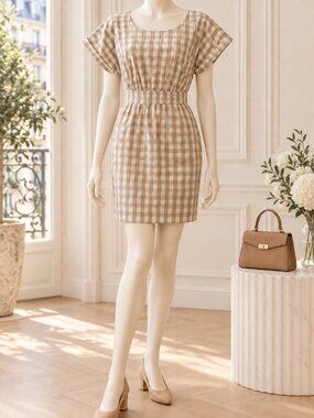 Anthropologie HD in Paris Gingham Sheath Dress Cream Beige Cotton Size 2